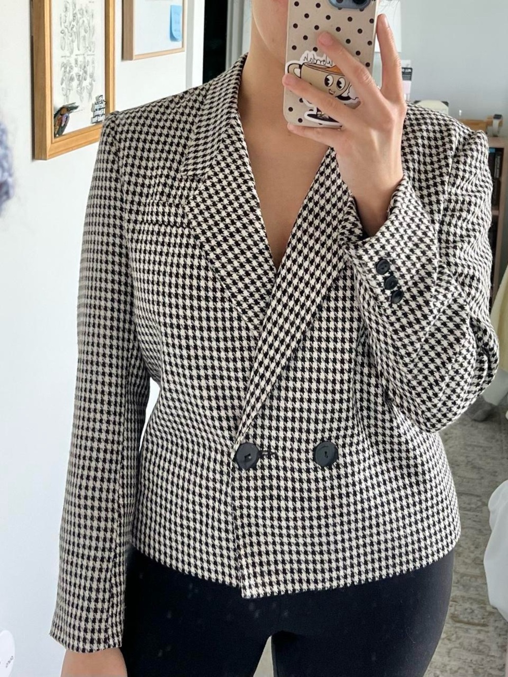 Houndstooth Double-Breasted Women's Blazer Jacket - Black & White